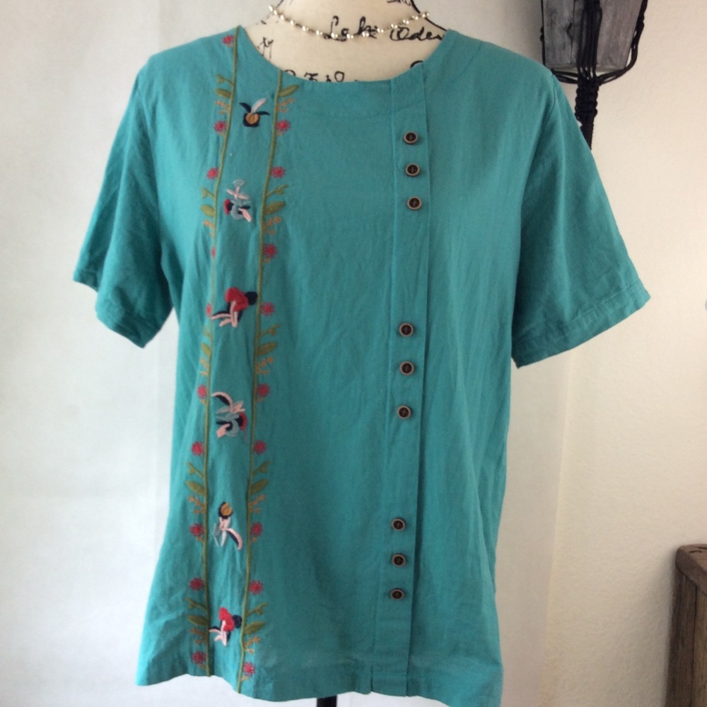 Teal Boho Floral Embroidered Short Sleeve Top XL - Picture 1 of 12
